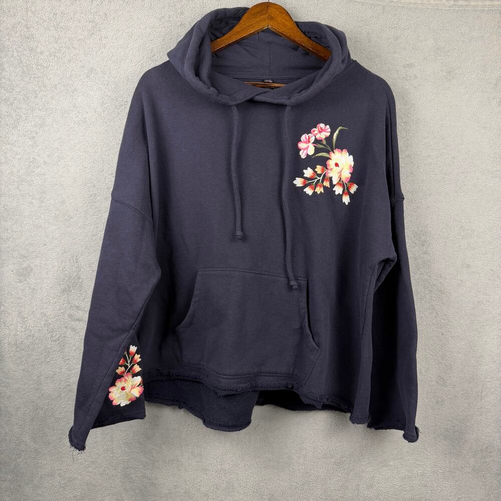 Betsey Johnson Womens Hoodie SZ 1X Navy Blue Raw Edge Floral Fairy Grunge